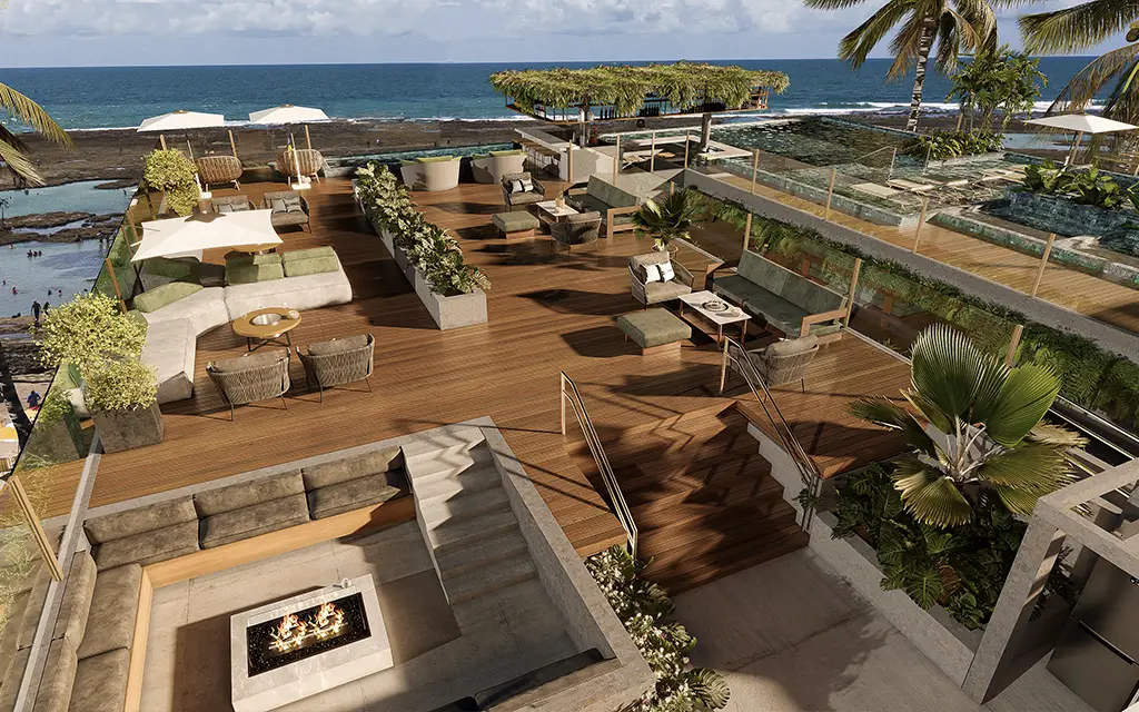 Diversos lounges e fire place no rooftop Amante del Mare