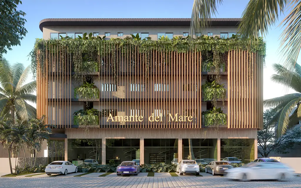 Fachada do Amante del Mare com a presença do paisagismo Amante del Mare